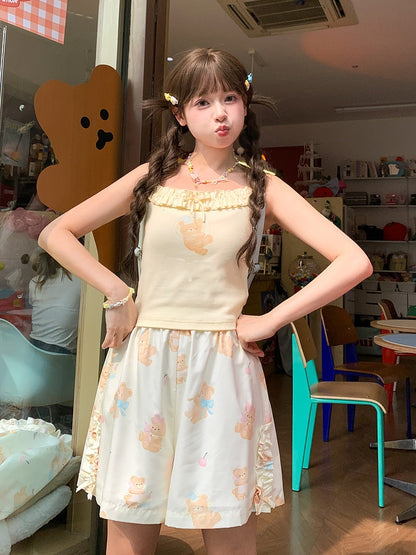 愛らしいクマ柄キャミソールトップス ネックライン ライトイエロー フリル