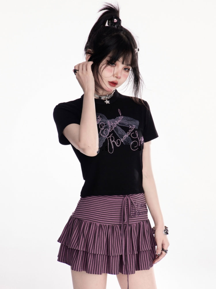 Neck Strass Spitze Bowknot Print Schwarz T-shirt Lila Brief Crew