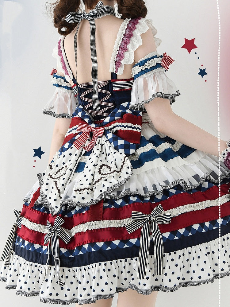 Lolita Rote Schleife Kuchen Akzente Stufen und Blaues Kleid Dunkler Rock Blaubeere Süß