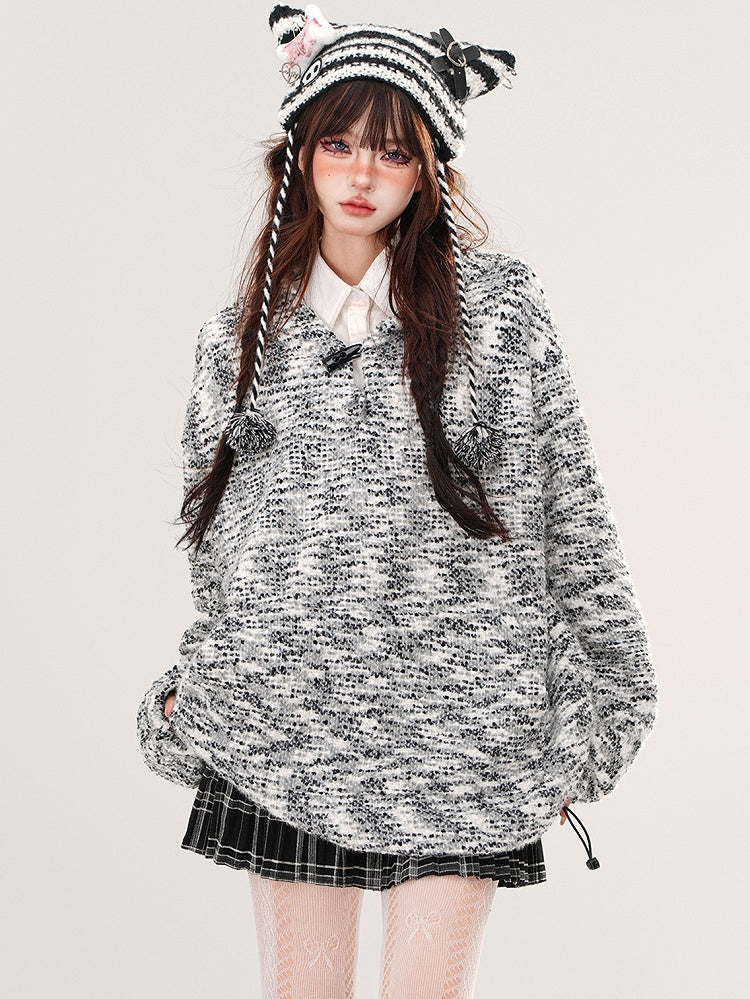 Grauer, lockerer Strick-Hoodie