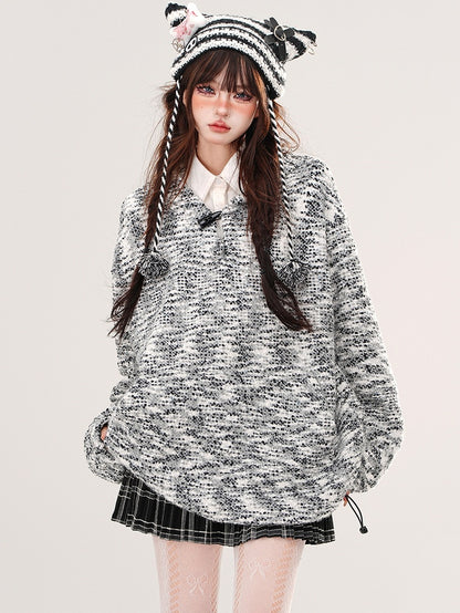 Grauer, lockerer Strick-Hoodie