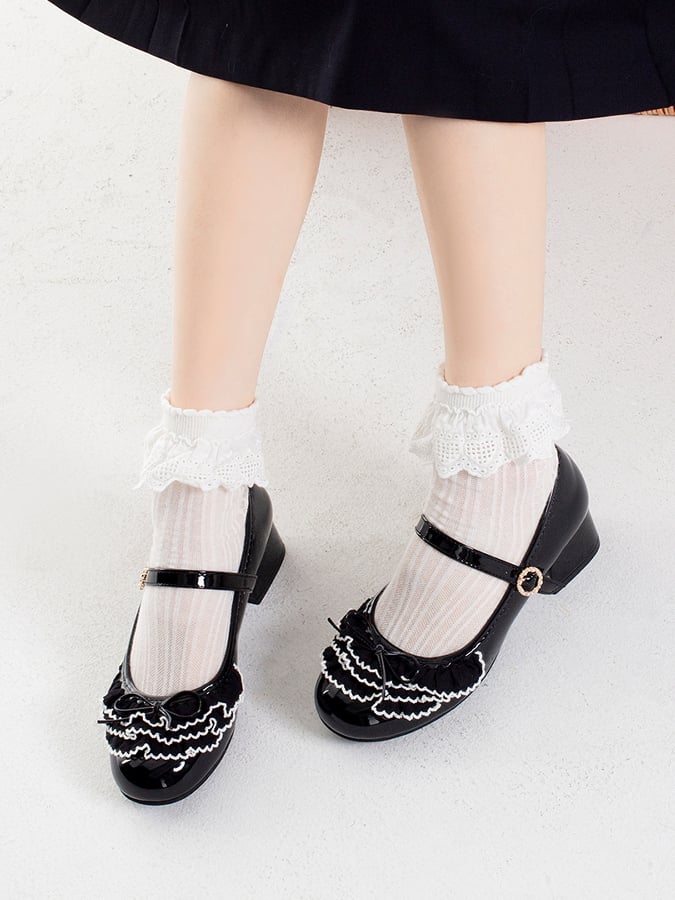 Schnalle Schwarze Spitze Schichten Mary Bowknot Mehrere Verzierte Runde Perlen Janes