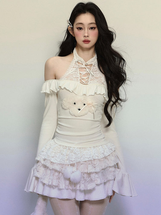 Aprikosenfarbenes Neckholder-Stricktop mit süßem Welpen-Motiv und Spitze