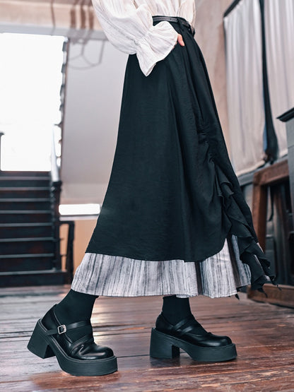 Cascading Hem Cheongsam Black Ruched with Ruffles Skirt Gothic Contrast