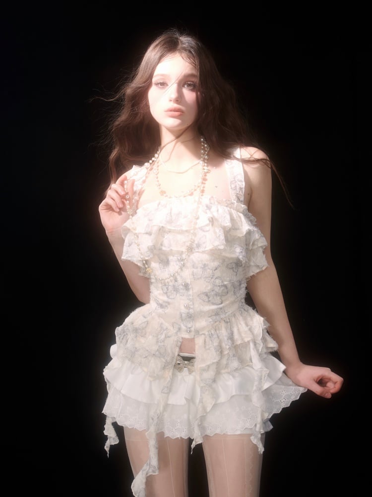 アプリコットバタフライプリントアシンメトリーヘムトップス