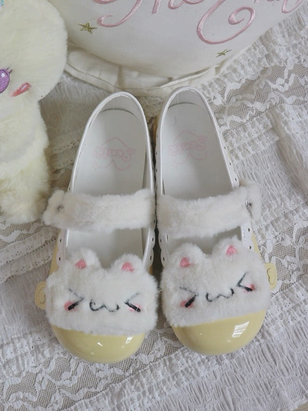 Shoes White PU Plushie Button Sweet Flat Design Kitty Yellow Snap