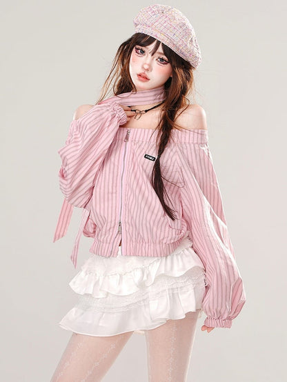Pink/Blue Off-the-shoulder Neckline Striped Zip Closure Top with Free Scarf