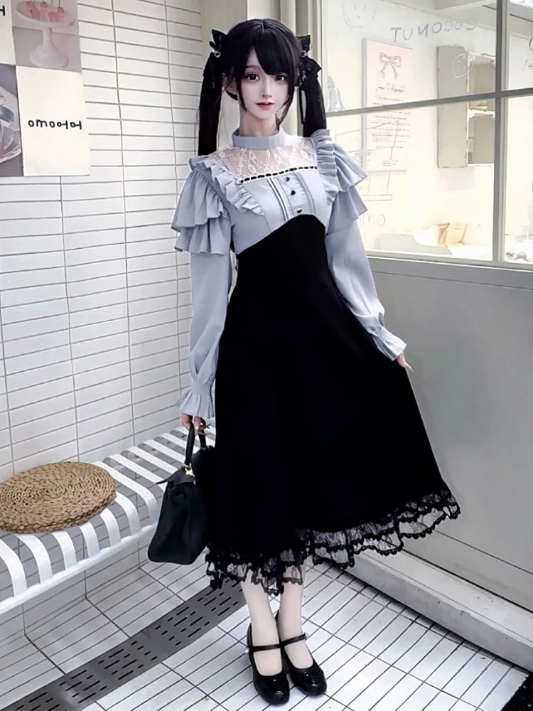 Design Lace Ruffled Kei Black Long-Sleeve Blue Dress Jirai Panel