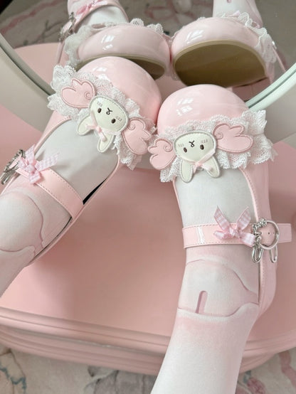 Mary Winged Low-heel/Mid-heel with Lace Patch - Bunny Lolita Buckle Rabbit Trim Pink Janes Sweet