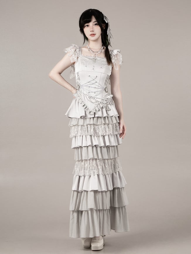 Multi-Layer Ruffled Silver Skirt Lolita Mermaid Boned Gothic Waist