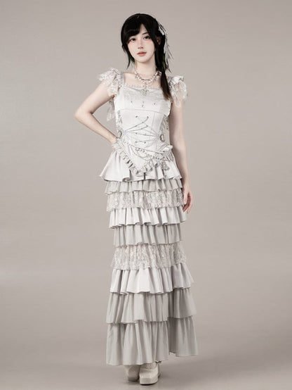 Multi-Layer Ruffled Silver Skirt Lolita Mermaid Boned Gothic Waist