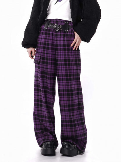 Purple Plaid Pants Heart Buckle Pattern Trendy - PINK SAVIOR