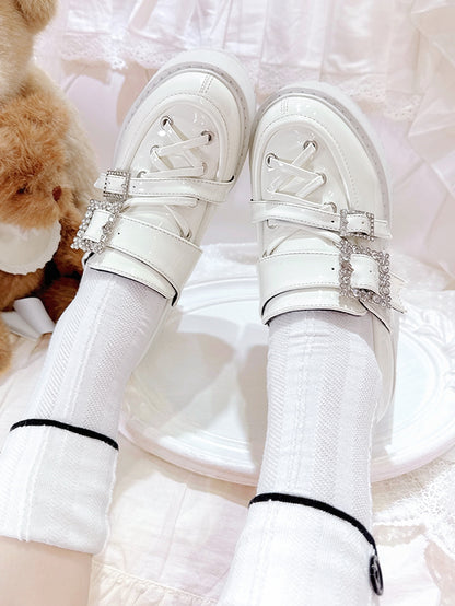 Kei Crossed Glossy White Straps Block Chunky Platform Crystal with - Heel Jirai Loafers Buckles