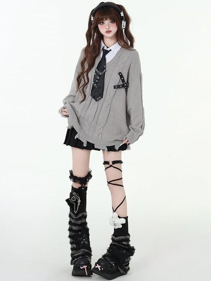 ディストレストリムフェイクツーピースプレッピーセーター（フリータイ付き）