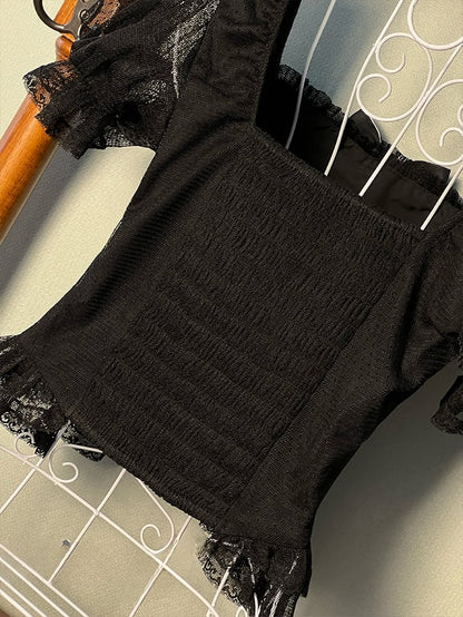 Neckline Short Blouse 89-108CM Black for Sleeves L Clearance-Size Square Bust