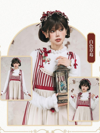 刺繍入り秋トップス ネックライン ホワイトカフス ニット 蝶結び イチゴ