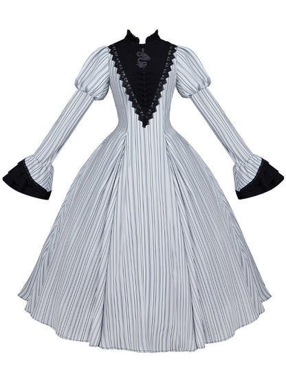 Light Gray Striped Pattern Nun Juliette Sleeves Banded Collar Gothic Lolita Dress Long Version