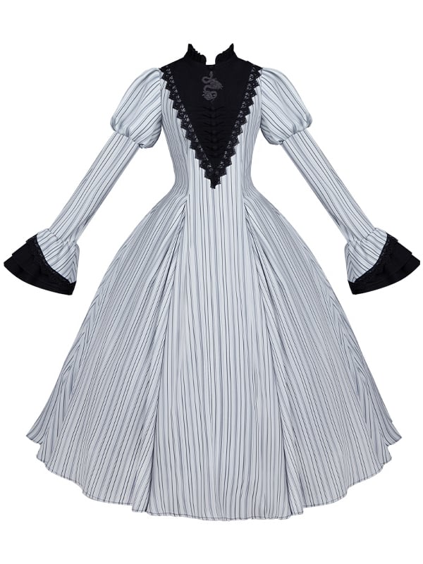 Hellgraues gestreiftes Nonne-Juliette-Ärmel-Stehkragen-Gothic-Lolita-Kleid, lange Version