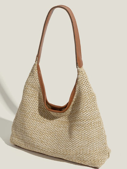 PU Strap with Shoulder Brown/White Straw Bags Woven Bag Nested