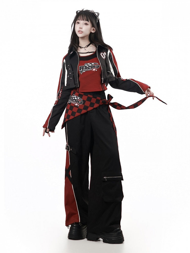 Cropped Moto Jacket in Black & Red with Buckle Straps and Graphic Print - PINK SAVIOR