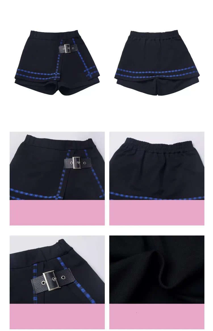 Skort Black Dark with and Buckle PU Plaid Blue