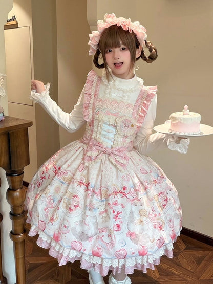 Pink Sweet Strawberry Print Lolita JSK Dress with Detachable Bow and Heart Brooch - wawao good night bear