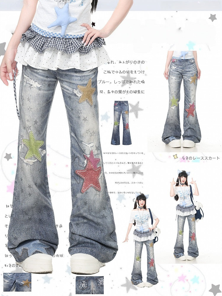 Vintage Kawaii Blue Star Print Flare Jeans - Languid Park