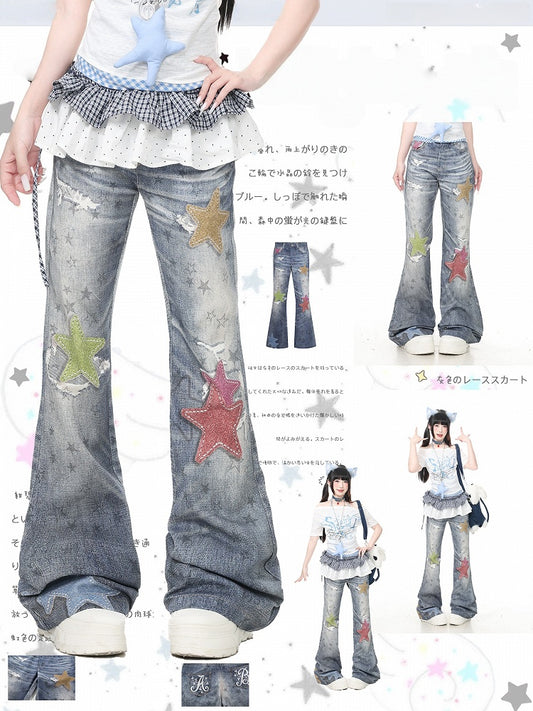 Vintage Kawaii Blue Star Print Flare Jeans - Languid Park