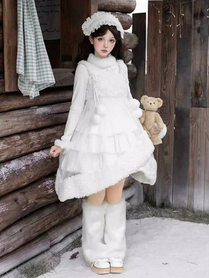 Neckline Hemline White Overdress Tulle with Fleece Sheer and