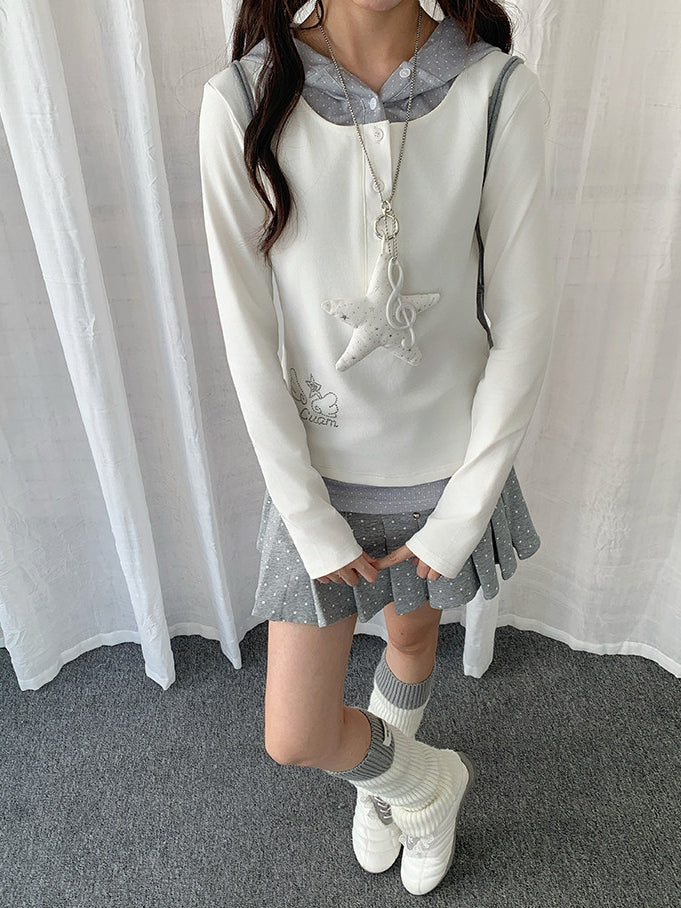Hooded Patchwork Wings White Y2K Rhinestone Polka Top Dot Design with Two-piece