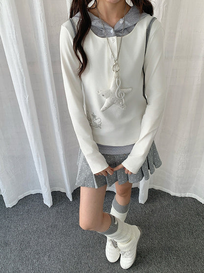 Hooded Patchwork Wings White Y2K Rhinestone Polka Top Dot Design with Two-piece