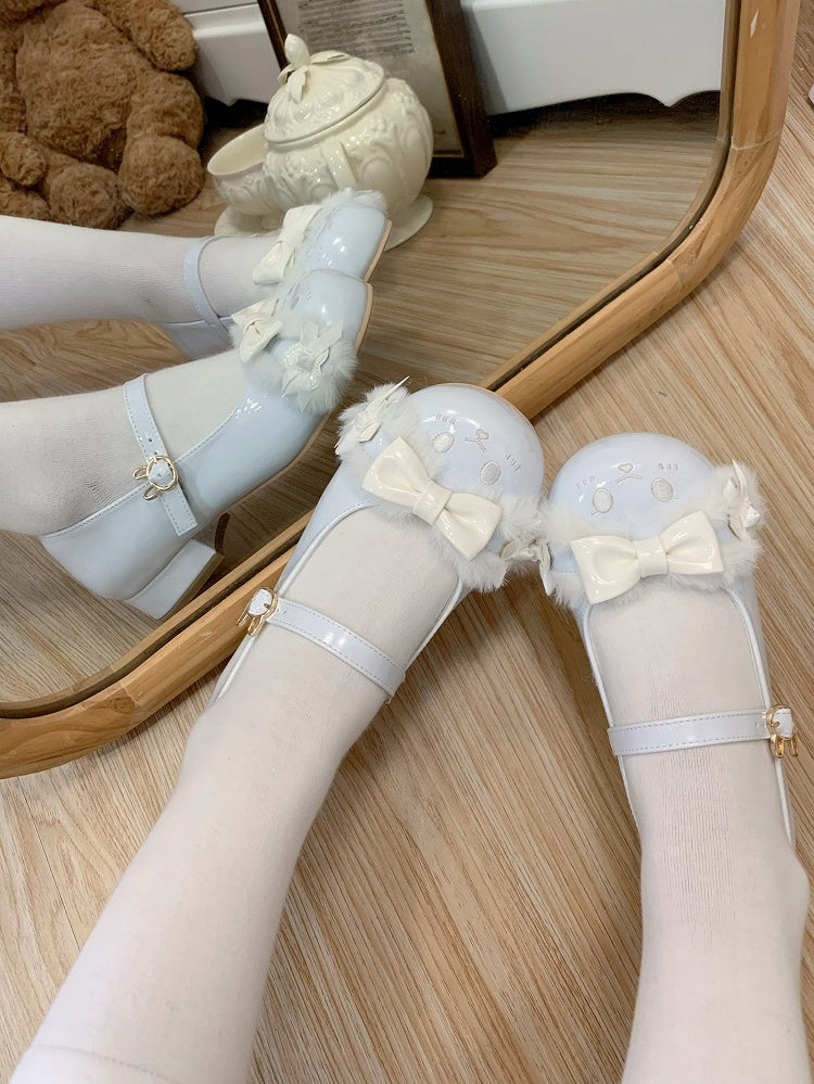 Blaue Schuhe Details Runde Zehenriemen Lolita Schnalle Ohr mit Bowknot Plüsch süßes Häschen