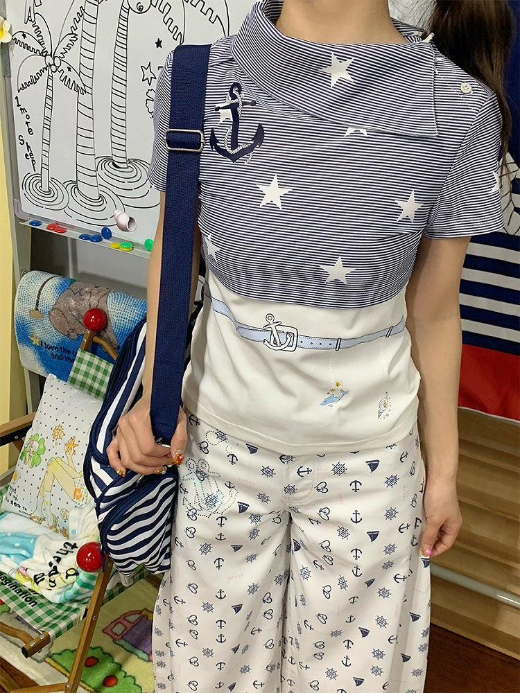 Star Print T-Shirt Blue with and White Stripes Navy Style
