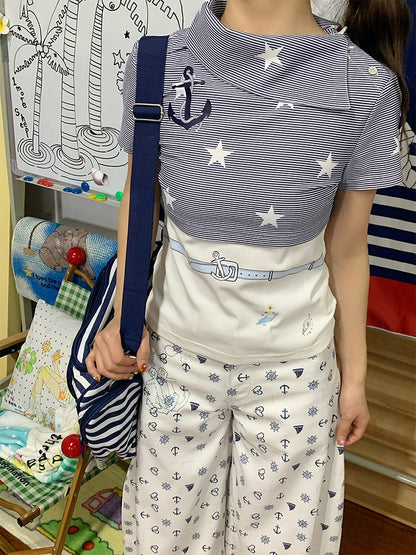 Star Print T-Shirt Blue with and White Stripes Navy Style