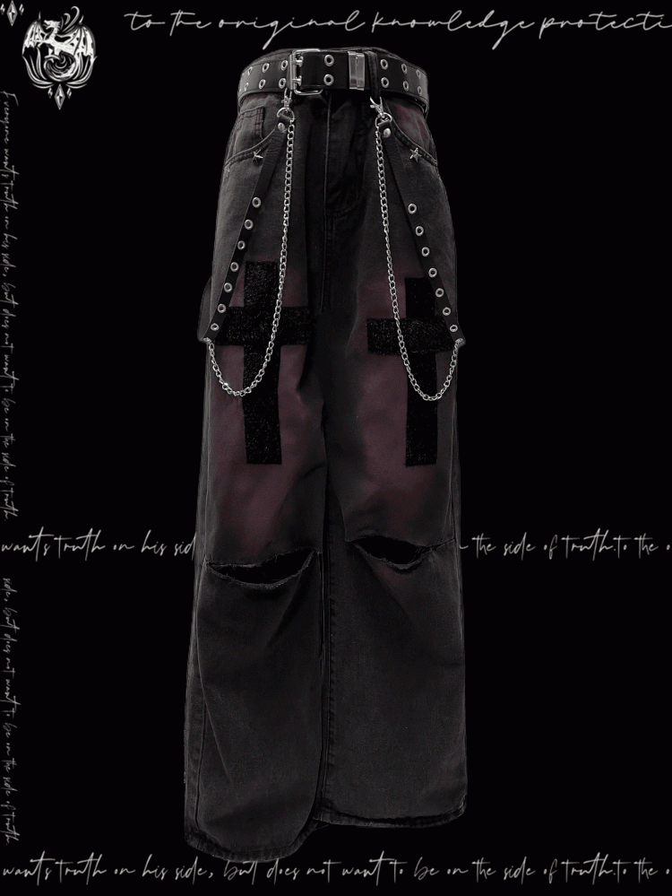 Studded Y2K Black and Purple Cross Applique Straight-Leg Jeans Distressed Holes Glamorous