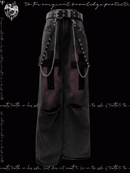 Studded Y2K Black and Purple Cross Applique Straight-Leg Jeans Distressed Holes Glamorous