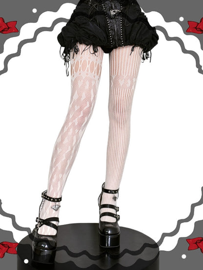 ブラック/レッド/ホワイトハート柄アシンメトリーフィッシュネットタイツ