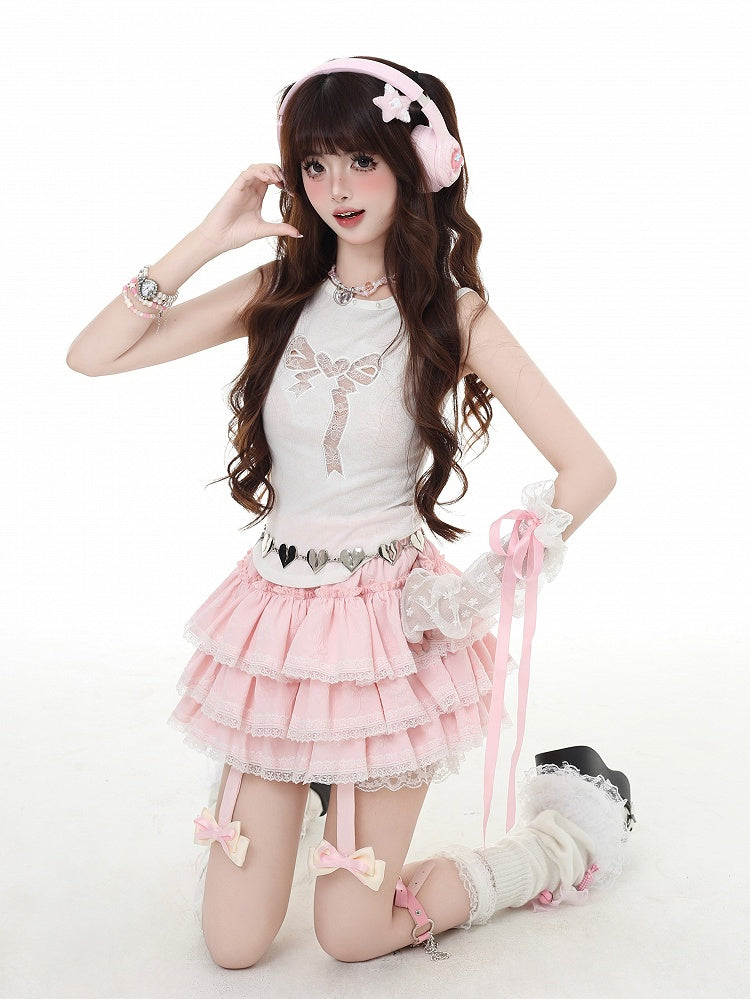 Detachable Trim Pink Charm Tiered Skirt Lace with Bow Ruffle White Y2K
