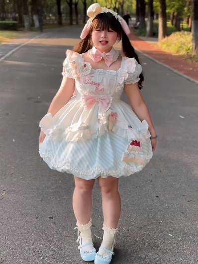 OP Stripe Full Train Bow Lolita Dress Brooch + Detachable Apron Bubble Decor Cake Puppy Skirt Blue Cute Set Sleeves with Hairband