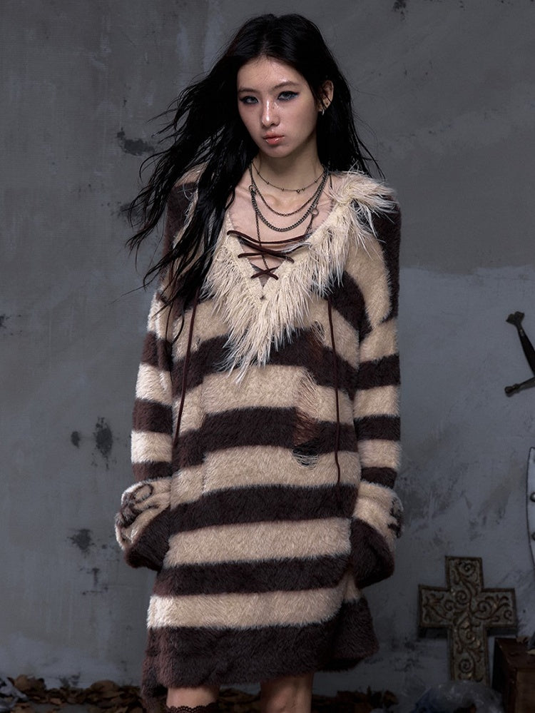 Sweater Vintage Faux Lacing Distressed Collar with Long Striped Yellow Crisscross Brown Punk Mink
