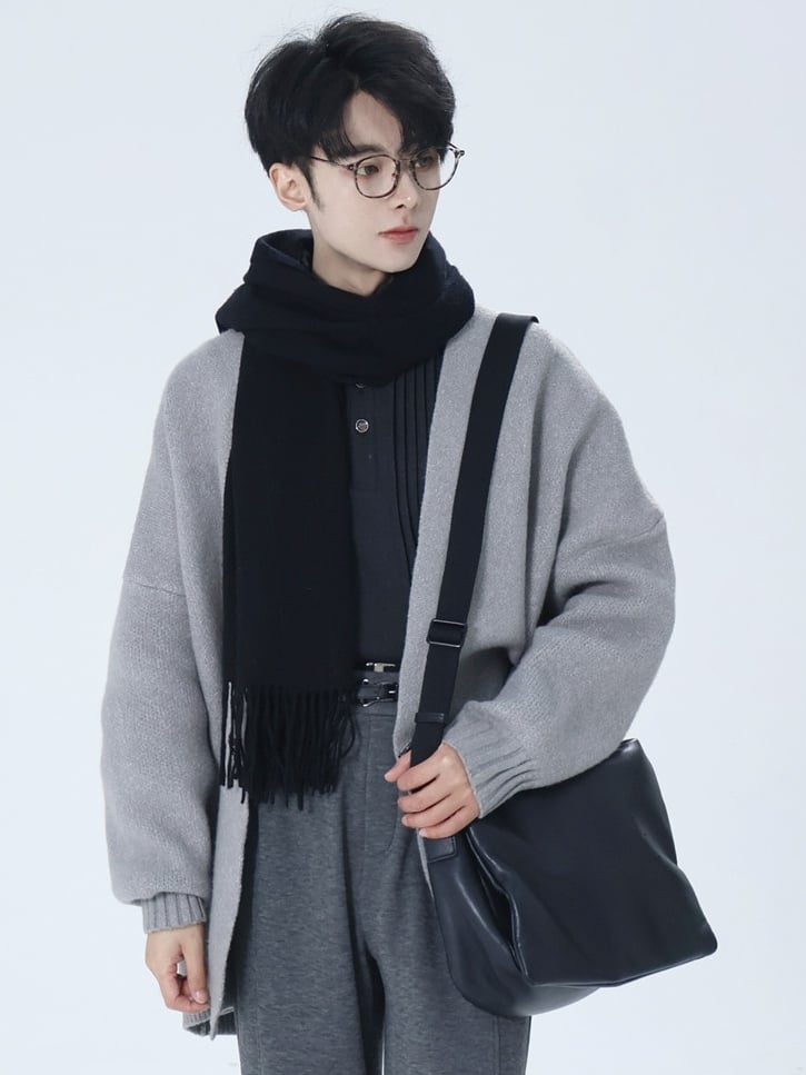 Gray Knit Buckle Cardigan with Unisex Closure Ouji