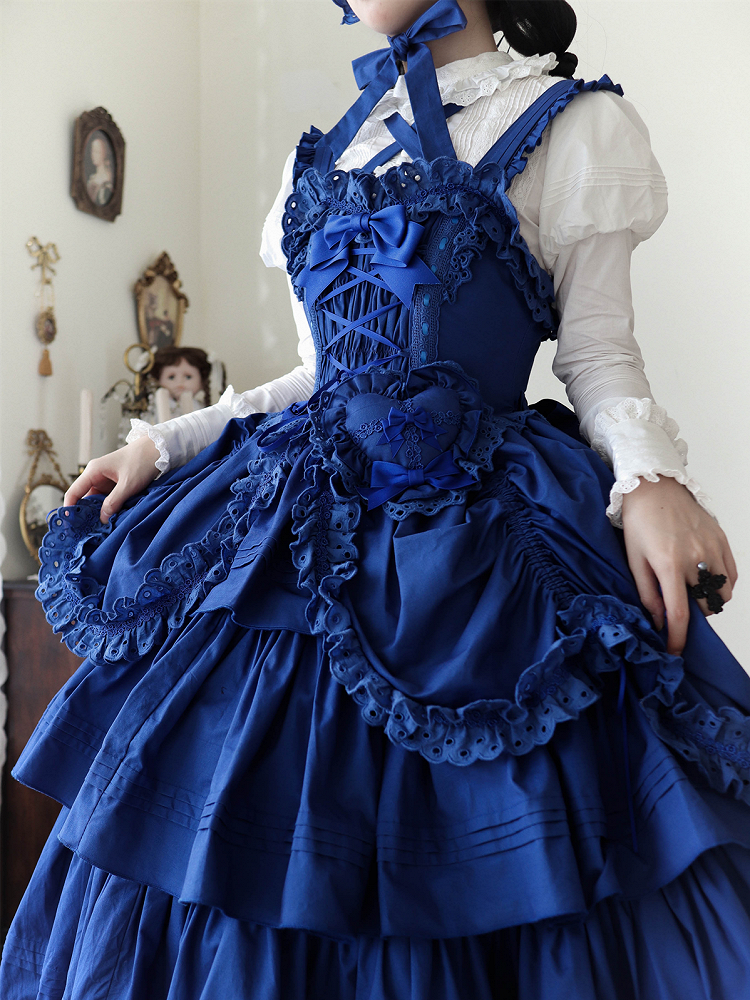 Lolita Decoration with Bowknots Klein Version Blue Ruffled and Gothic Dress Long Heart-shaped JSK