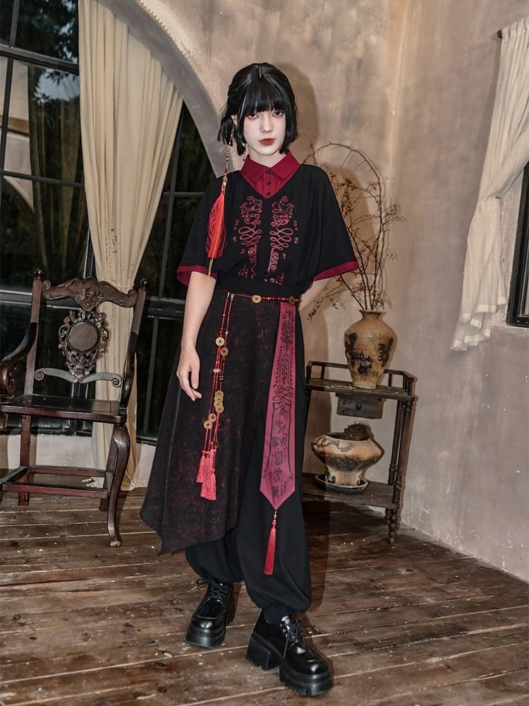 Chinese Print Gothic Black Drawstring Cuffs Talisman Red Pants Sash Wide-leg And With