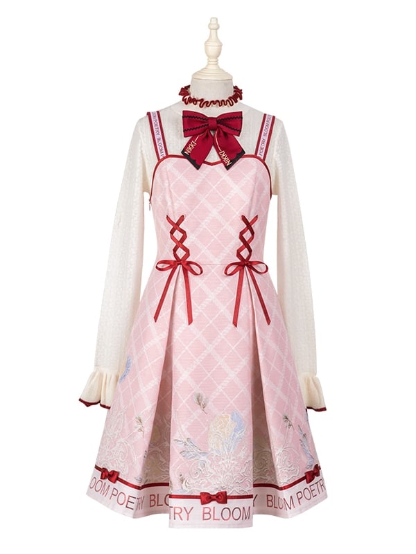 Pink and Red Trim Lace-up Front Jumper Skirt + Apricot Long Sleeves Top