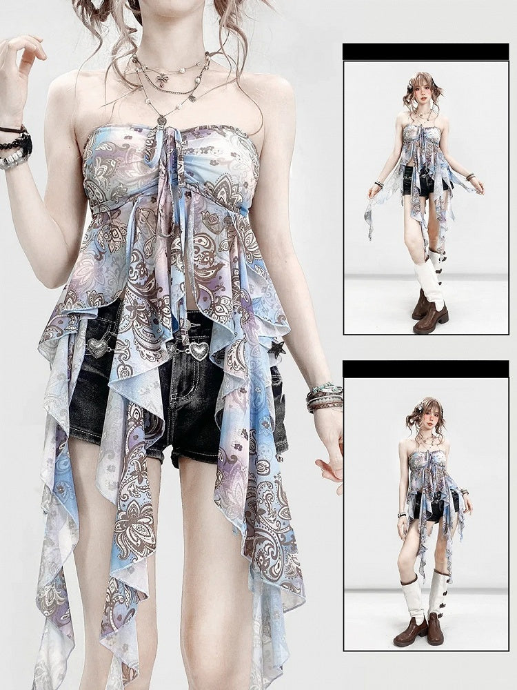 ブルーホリデーフリルプリントトップチューブアクセントデザインカスケーディング