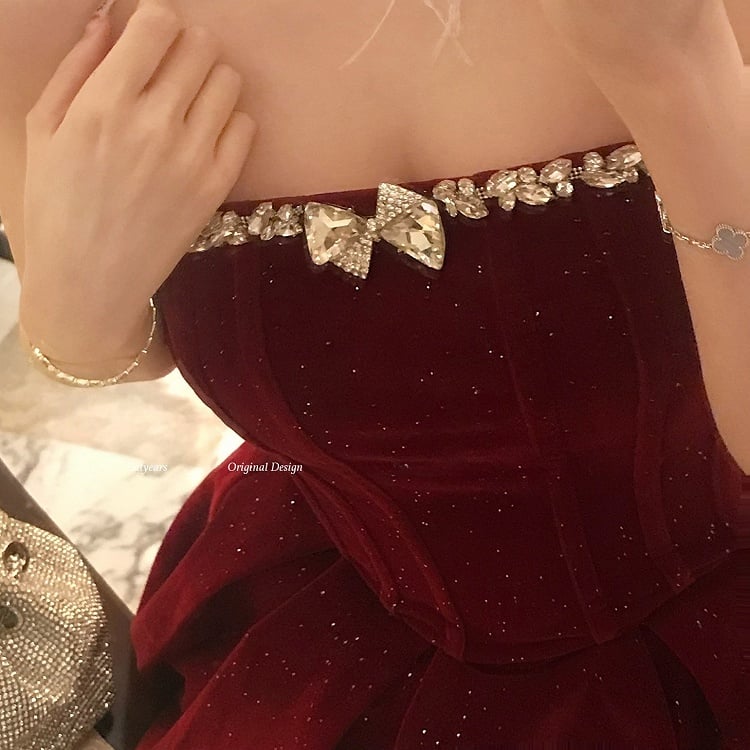 Shimmer Strapless High-low with Velvet Rhinestone Red Detail Mini Dress
