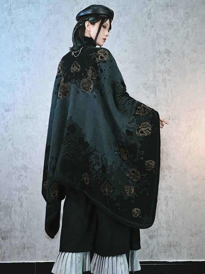 with Goth Design Open Leaf Green - Dark Cheongsam Style Print Placket Shawl