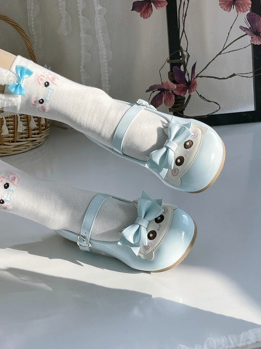 Crab Themed Sweet Lolita Light Blue Mary Jane Shoes with Bow Accents & Heart Snap Closure