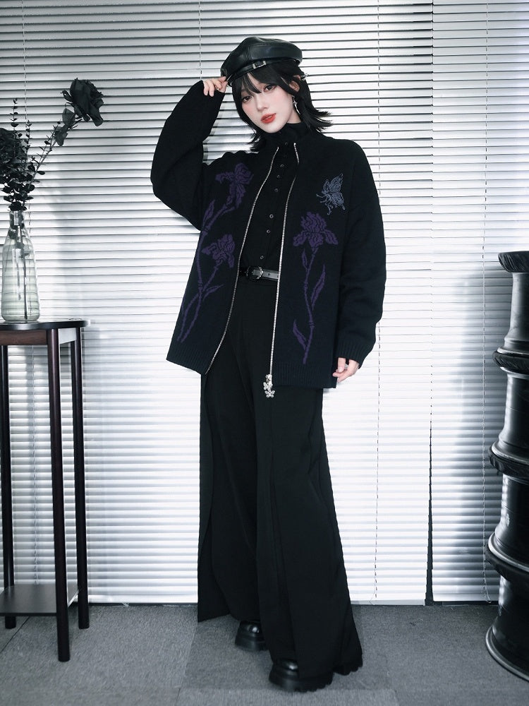 Iris Pattern Gothic Black Double Zipper Sweater Jacket - Quirky Hut