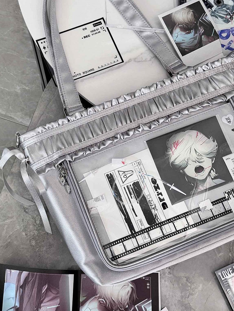 Trim Ita Bag Silver Ribbon Bow Large Capacity Tote Ruffled